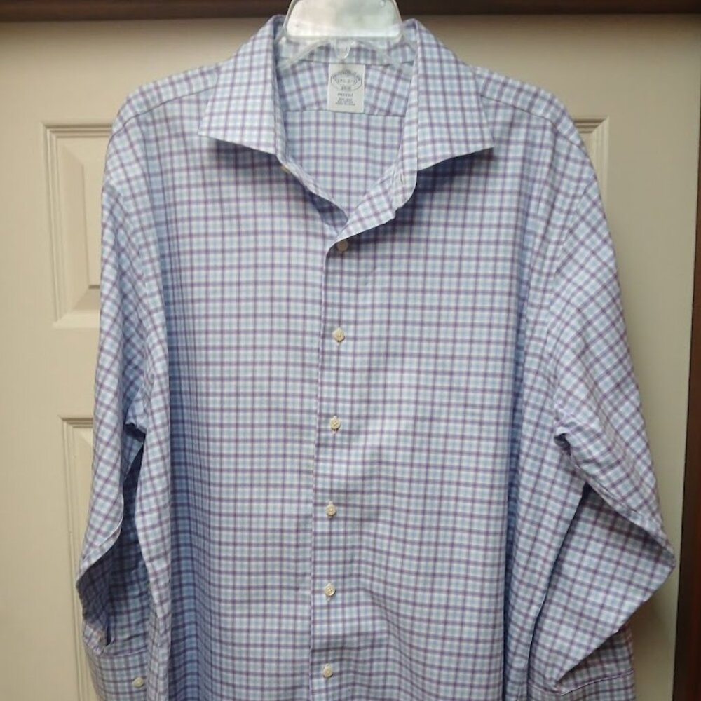 Brooks Brothers 1818 Regent Mens 17.5-2/3 Purple & Blue Plaid LS Dress Shirt
